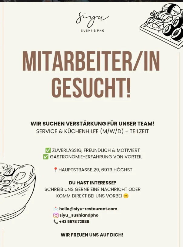 SIYU sucht Service- und Küchenhilfe in Teilzeit in Höchst